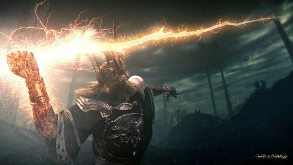 An image of Gwyn shooting lightnings at dragons in Dark Souls