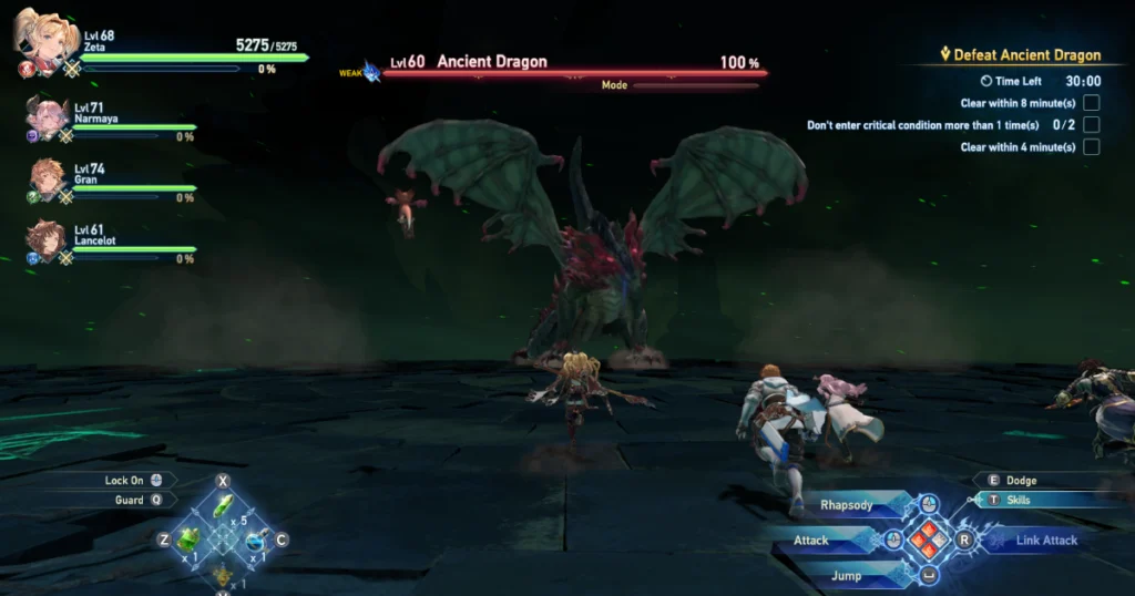 A screenshot of Granblue Fantasy: Relink. Characters fighting a dragon.