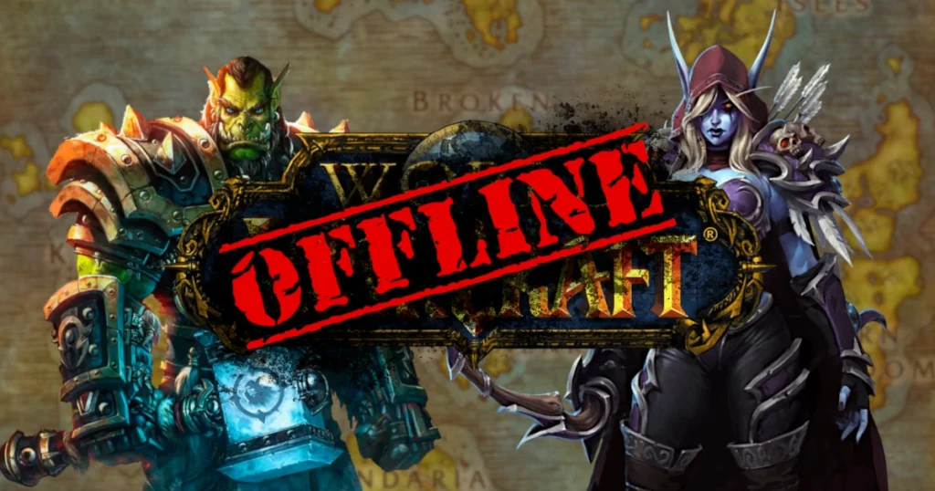 World of warcraft logo with a sign with written "offline" on top of it.