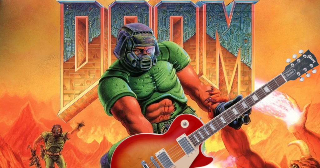 Doom Guy holding a guitar