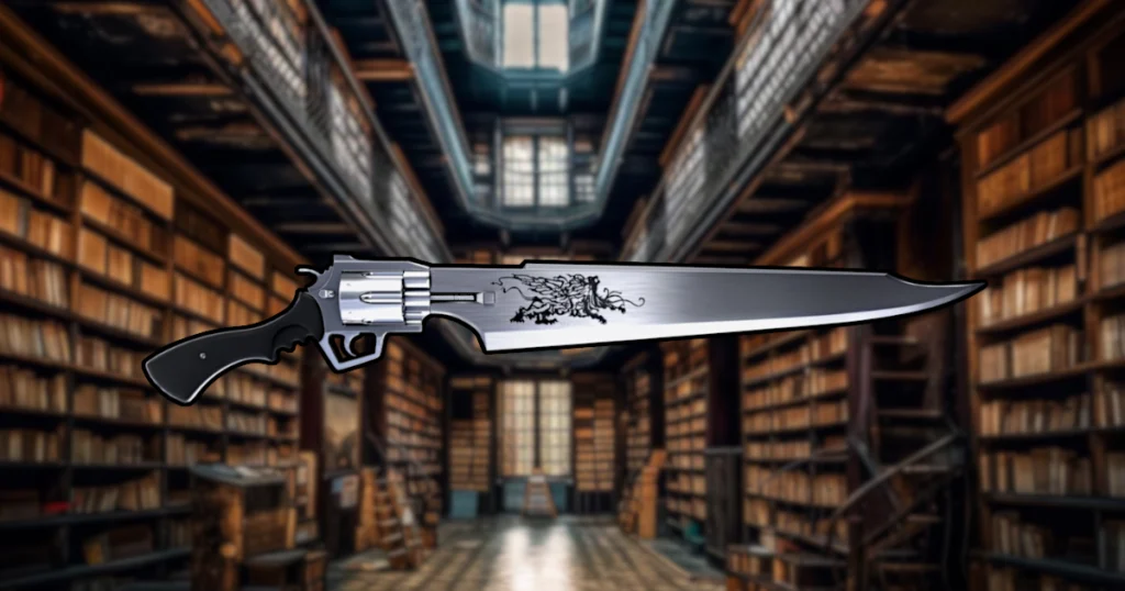 A gunblade with a library background