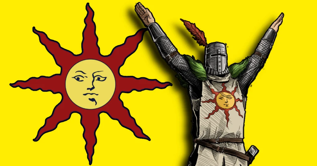 Solaire lore: Solaire praises the sun with the logo on a yellow background