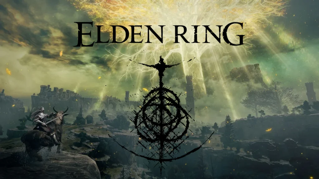 The logo of Elden Ring on An Image of The Lands Between