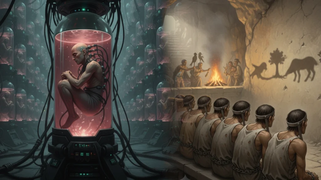 A picture of a man in a pod from matrix superposed to an illustration of prisoners in a cave